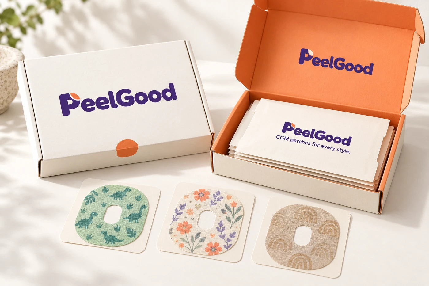 PeelGood packaging concept with colorful CGM patch styles